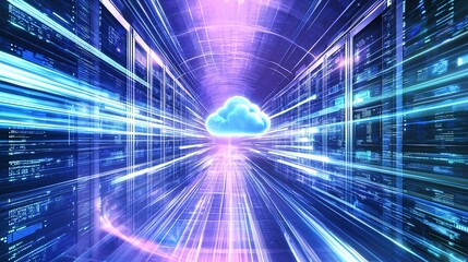 Poster - A vibrant digital representation of data flow leading to a cloud storage hub in a futuristic data center setting