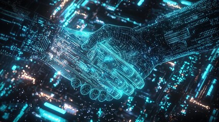 Poster - A digital handshake representing collaboration between technology and humanity in a futuristic urban landscape at night