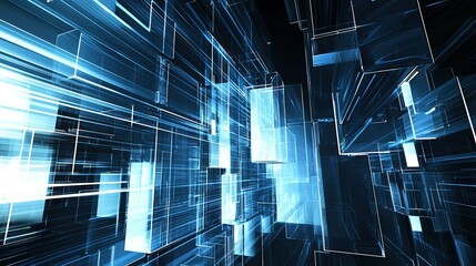 Poster - Vibrant abstract digital art showcasing a futuristic blue light structure in a three-dimensional space, emphasizing depth and motion