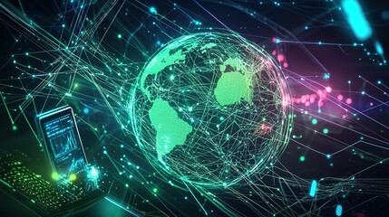 Poster - Digital globe illustrating global connectivity through networks and technology in a futuristic environment