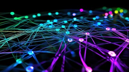 Poster - Abstract digital network with colorful nodes and connections representing technology and data communication in a dark environment