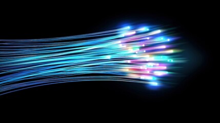 Poster - Colorful light trails represent digital data transmission through fiber optic cables in a dark setting, showcasing technology in motion