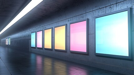 Poster - Colorful illuminated panels line a modern corridor in an urban setting during late evening hours