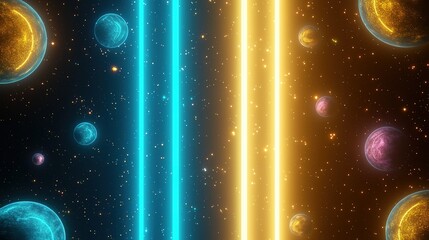Poster - Colorful cosmic background with glowing stripes and planets in a starry space scene