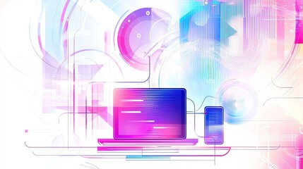 Poster - Digital tech illustration with a laptop and smartphone, showcasing vibrant colors and patterns, symbolizing innovation and connectivity