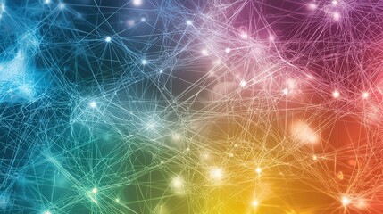 Poster - Abstract digital artwork showcasing a vibrant network of interconnected lines and glowing nodes in a colorful gradient background