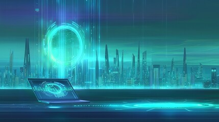 Poster - Futuristic city skyline with holographic display from a laptop at night, showcasing advanced technology in an urban setting