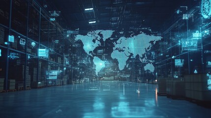 Poster - A futuristic warehouse with a large screen showing a blue globe