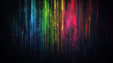 Poster - Vibrant digital lines create an abstract colorful background with vertical patterns and light in a dark setting