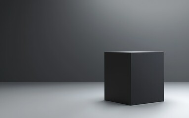 Poster - A minimalist black cube displayed on a smooth floor against a gray wall in an empty gallery space