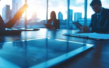 Poster - Business professionals engaging in a technology-focused meeting in a city office during sunset