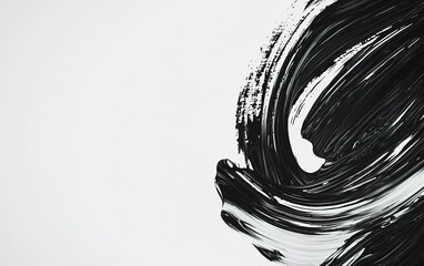 Poster - Abstract black paint swirl on white canvas showcasing modern artistic expression in a minimalist style