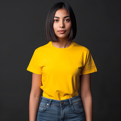 A young South Asian woman in a bright yellow t-shirt stands confidently against a dark background, showcasing a modern and vibrant look.