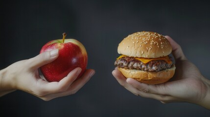 Poster - One hand offers a vibrant apple, showcasing fresh, organic food, while the other hand presents a cheeseburger, representing fast food choices. Generative AI