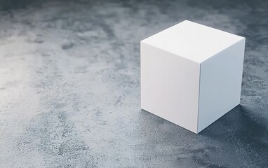 Poster - A minimalist white cube placed on a textured gray surface in a well-lit indoor environment showcasing simplicity and elegance