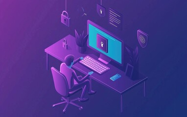 Poster - A person working on cybersecurity at a modern desk with a computer and various security icons in a vibrant purple setting