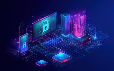 Poster - Secure digital environment featuring devices with lock symbols in a futuristic setting illuminated by neon colors