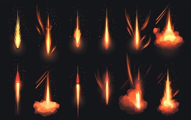 Poster - Illustration of various fire and explosion effects in a dark background showcasing different shapes and sizes of flames