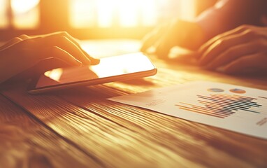 Poster - hands of two individuals engaged in discussing business data over a wooden table with graphs during 