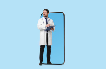 Online medical consultation. Doctor with clipboard on smartphone screen against light blue background