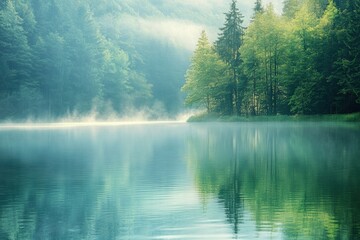 Poster - The calm waters of a misty lake mirror the surrounding trees, creating a peaceful atmosphere perfect for reflection in the morning. Generative AI
