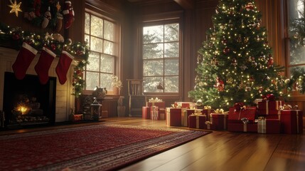 Poster - A cozy living room with a Christmas tree and a fireplace