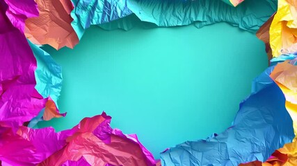 Poster - Brightly colored torn paper edges in shades of pink and orange create a playful border around a vibrant turquoise center, perfect for art or design projects.