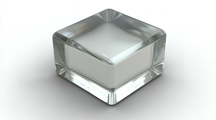 Poster - A clear glass cube sits on a white background.