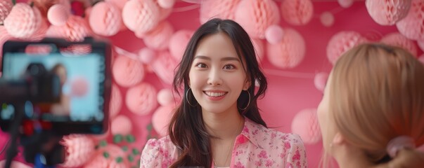 Smiling beauty influencer recording a video in a pink room with professional camera equipment.