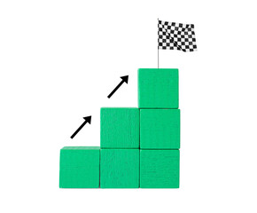 Stair made of green cubes with finish flag on top against white background. Arrows showing way to goal. Steps to success concept