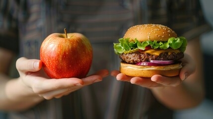 One hand showcases a fresh apple while the other holds a hamburger, illustrating the contrast between healthy and unhealthy food choices. Generative AI