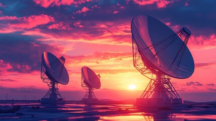 Three large satellite dishes stand silhouetted against a dramatic sunset.