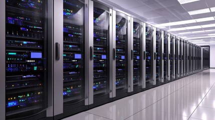 Poster - A row of computer servers with blue screens