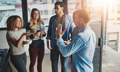 Fototapete - Discussion, collaboration and teamwork with business people in office for planning, support or diversity. Lens flare, creative and meeting with group of employee in startup for project management