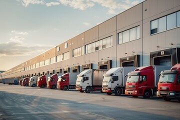 Aufkleber - A line of trucks and vans waits at a warehouse, ready for loading as the sun sets, illuminating the exterior with a warm glow. Generative AI
