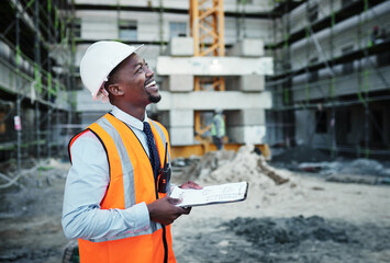 Poster - Happy, black man and civil engineer with clipboard for inspection, planning or site construction in city. Young African, male person or architect with checklist for architecture or industrial project