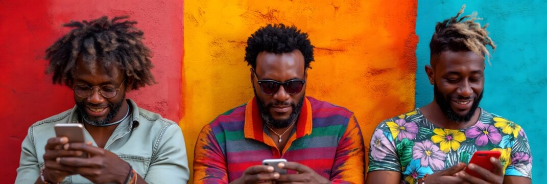 Three friends, deeply absorbed in their phones, stand close to a wall splashed with vibrant colors, adding an urban, lively energy to the scene