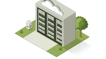 A 3D illustration of a server rack with a cloud above.