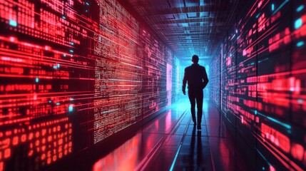 Aufkleber - A man walks through a tunnel of glowing computer code