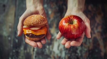Poster - One hand holds a shiny apple while the other grips a cheeseburger, highlighting the contrast between healthy and unhealthy food options. Generative AI