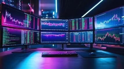 Poster - A modern trading setup with multiple screens displaying financial data at night in a vibrant urban environment