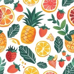 Leinwandbilder - This lively pattern features an array of colorful fruits including pineapples, strawberries, and citrus alongside leafy greens. Generative AI