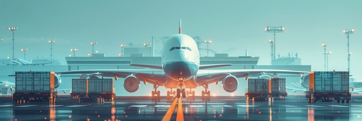Aufkleber - A cargo airplane stands ready on the runway, surrounded by unloading equipment and containers, showcasing airport operations during dusk. Generative AI