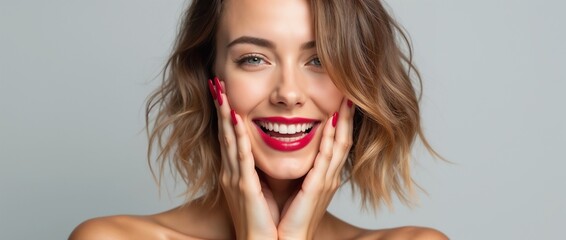 A happy woman with short hair smiling blissfully, gently touching her face. Her expression conveys joy and confidence, captured against a neutral background, highlighting emotions and personal care.

