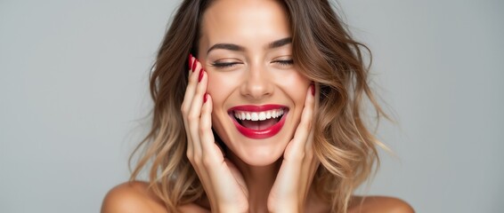 A happy woman with short hair smiling blissfully, gently touching her face. Her expression conveys joy and confidence, captured against a neutral background, highlighting emotions and personal care.

