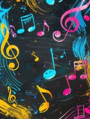 Poster - A chalkboard showcases an artistic display of colorful brushstrokes intertwined with bright musical notes and symbols for an inspiring vibe. Generative AI