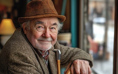 Endearing image of a senior man with a cane, leaning casually and posing with a cheerful expression in a bright environment