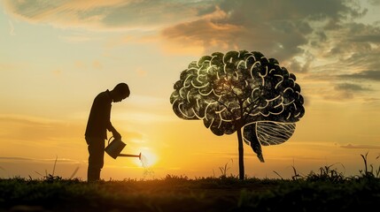 Aufkleber - A man is silhouetted against the sunset, watering a tree that resembles a human brain, representing knowledge and personal growth. Generative AI