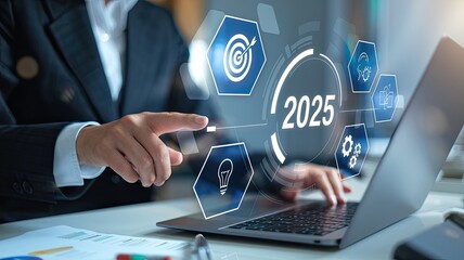 Business professional using technology to analyze data for future planning in 2025.