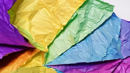 Poster - Brightly colored sheets of crumpled paper in shades of yellow, blue, green, and purple are artfully layered, creating an engaging visual contrast and texture.